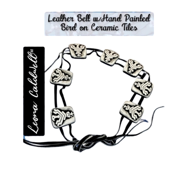 Leona Caldwell Accessories - Leona Caldwell ~ Native American Leather Belt with Hand Painted Birds on Ceramic